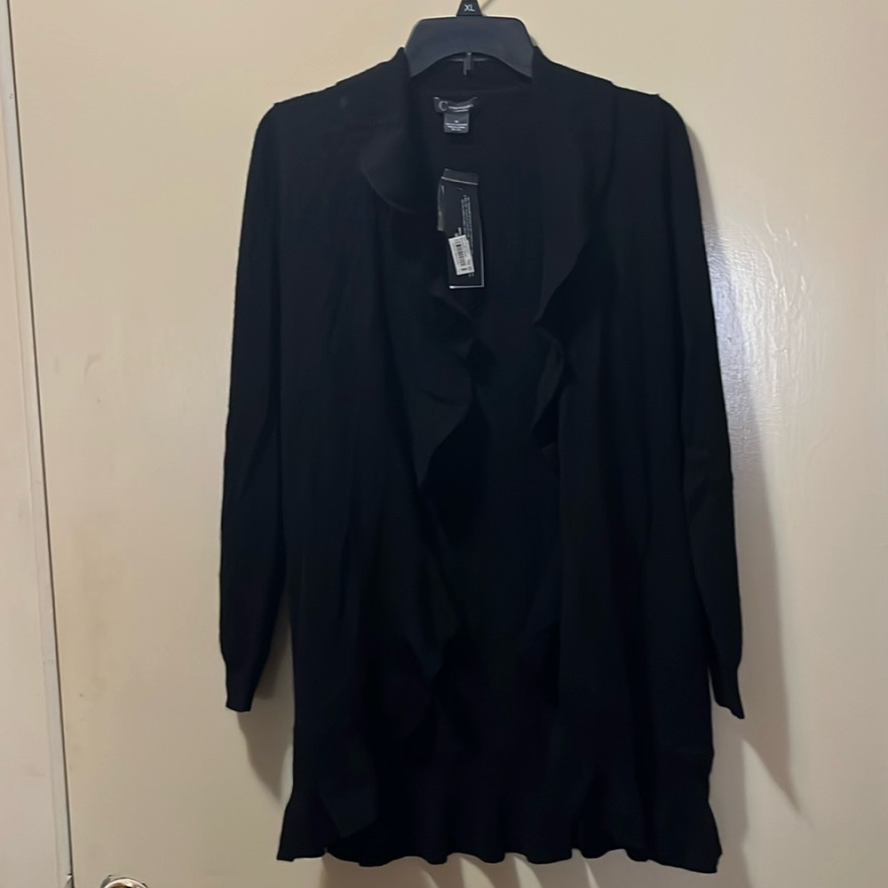 NWT Black Cashmere Long Flowy Sweater. C by Bloomingdale’s. Size XS. Open Ruffle